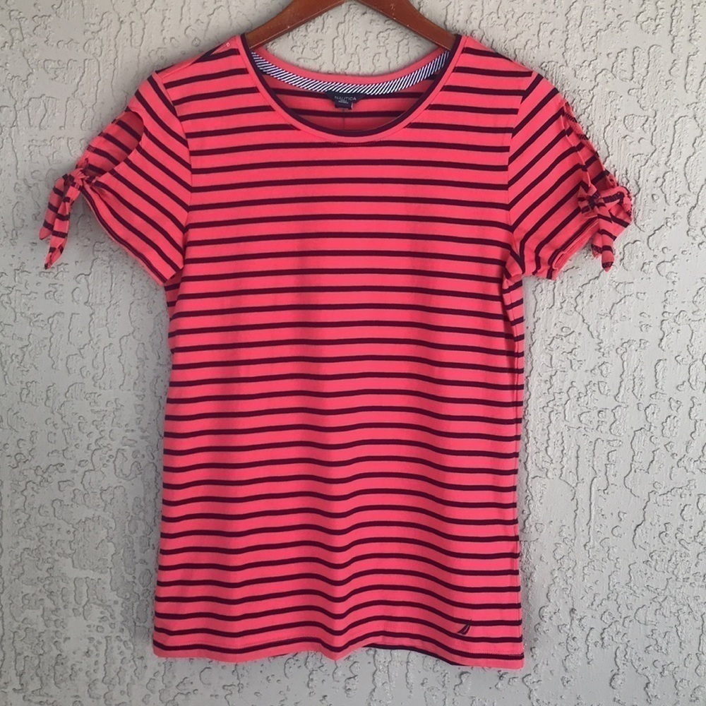 Nautica Melonberry Stripe Tie Sleeve Tee Shirt NWT Small - Picture 4 of 12